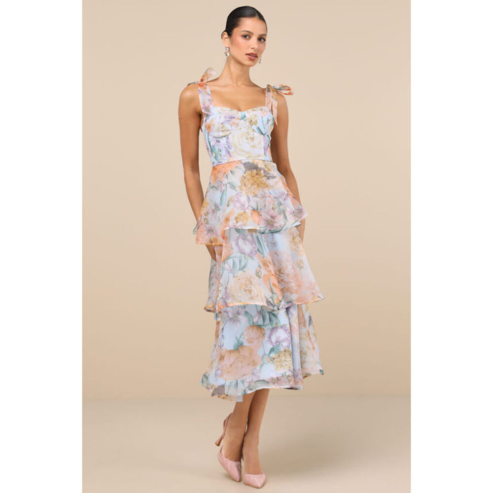 Lulus Playfully Posh Blue Floral Organza Tie-strap Tiered Midi Dress - Size M